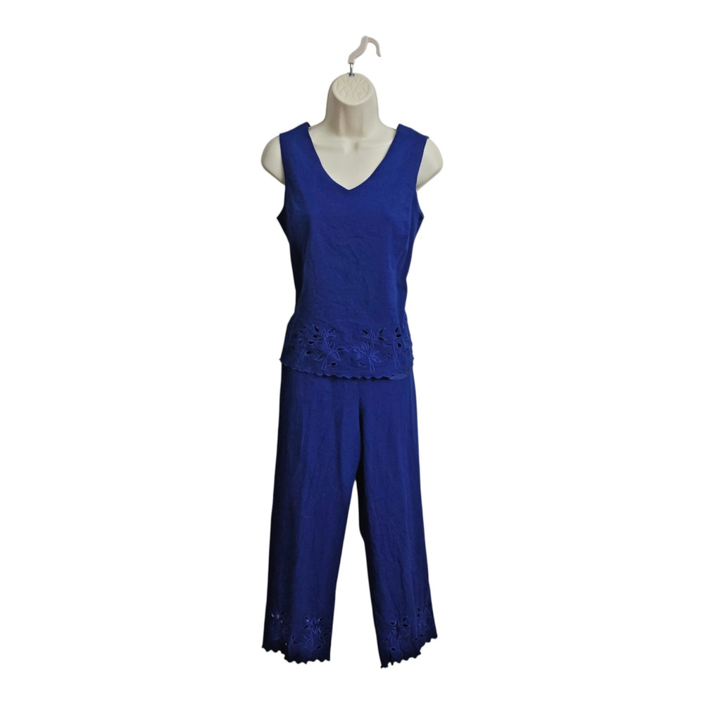 Kari’s Korner Linen Blend Blue Top + Pants Set Sleeveless Size 8 Embroidered